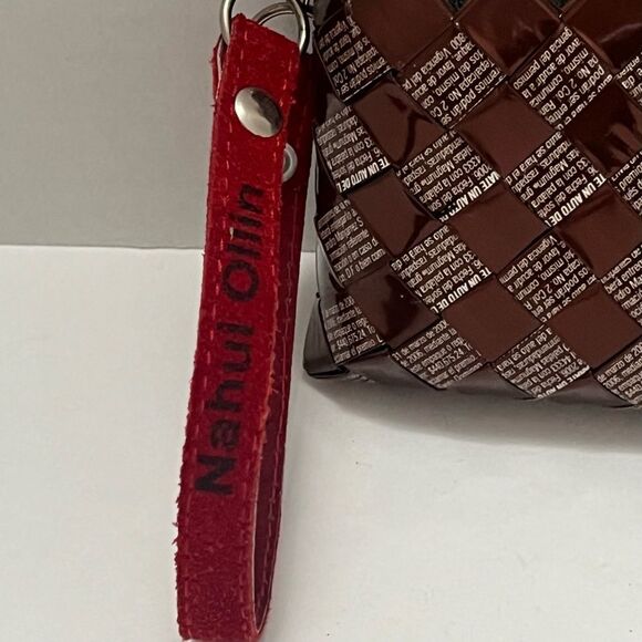 Nahui Ollin Handcrafted Woven Candy Wrappers Wristlet Maroon Upcycled Designer - Picture 7 of 8